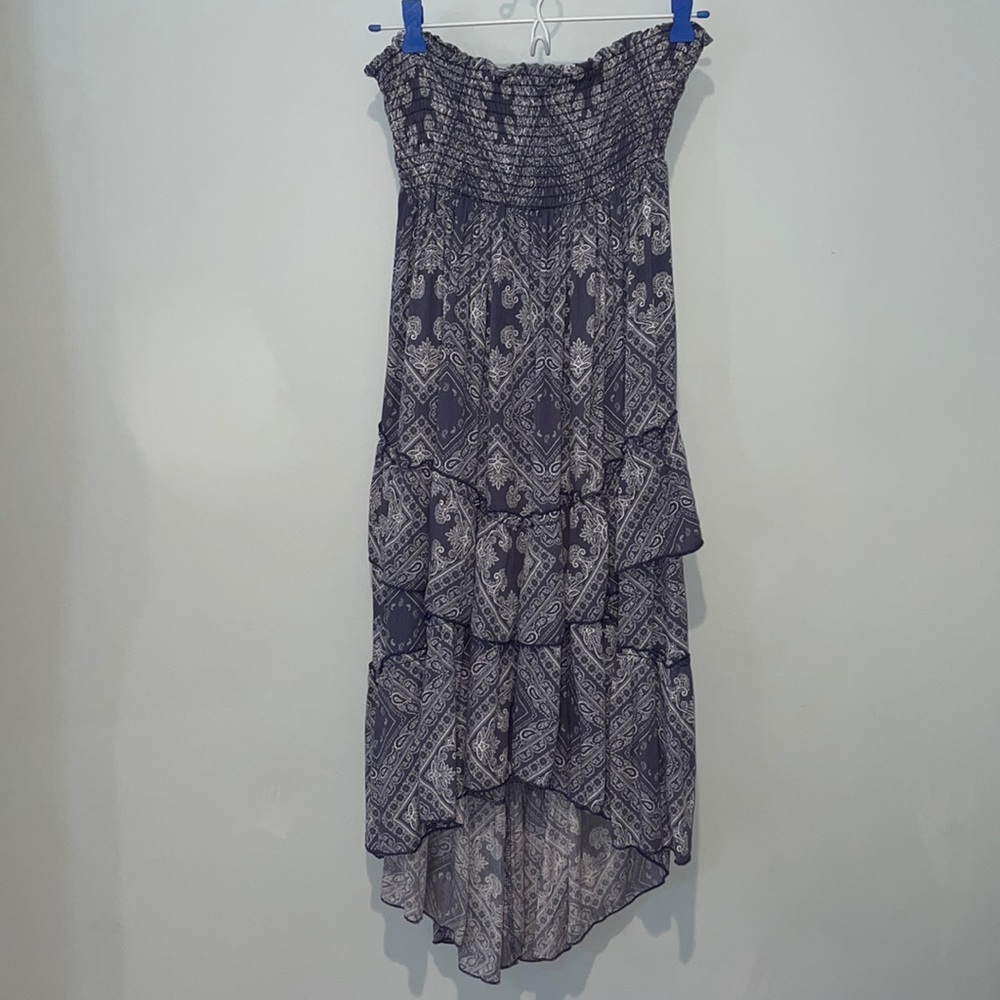 Blue and white flowy, tiered, hi/lo skirt dress